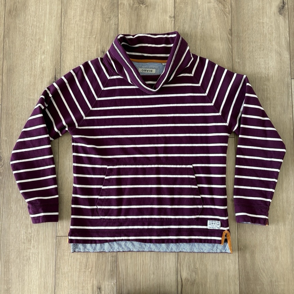ORVIS Woman's S Nautical Thick Cotton Purple White Striped Kangaroo Pockets